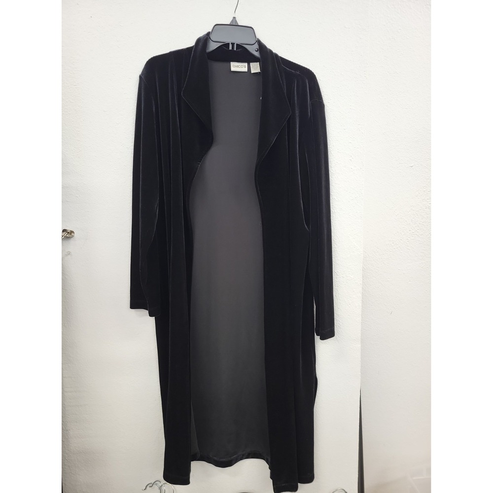 Chicos Long Velvet Coat/Cardigan, Black, Size 3